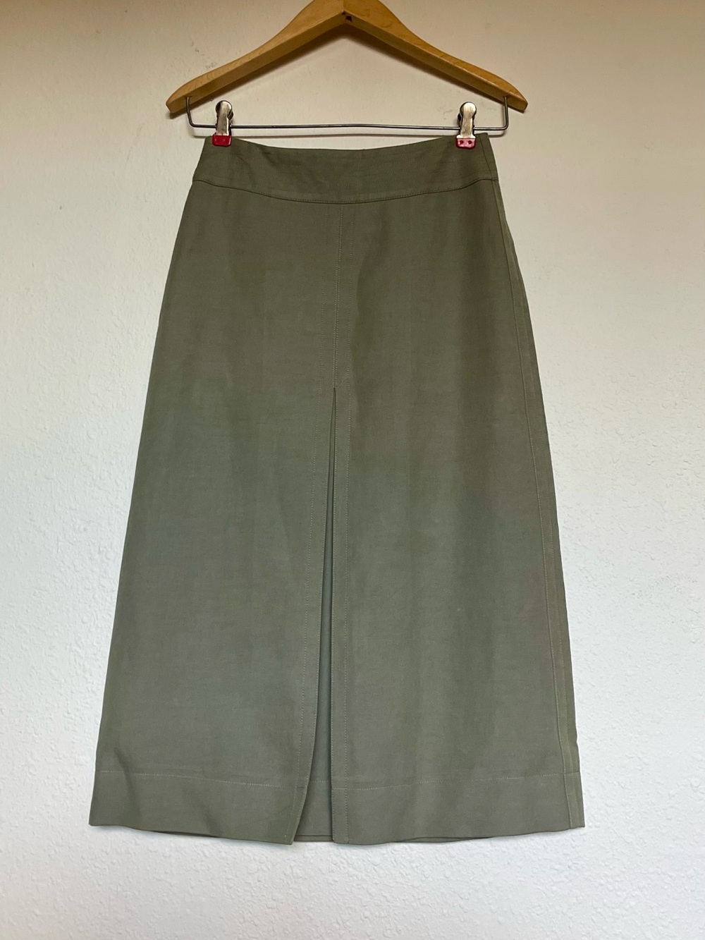 Burberry Olive Green Midi A-Line Skirt Middle Slit Size 42 Ramie Cotton